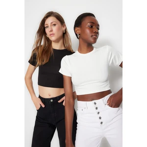 Trendyol Premium Black-Ecru 2-Pack Crop Viscous/Soft Fabric Stretch Knitted Blouse