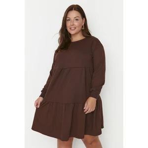 Trendyol Curve Brown Crew Neck Ruffle Knitted Dress