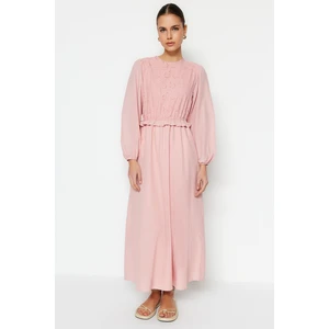 Trendyol Light Pink Brode and Ruffle Detail Cotton Woven Dress