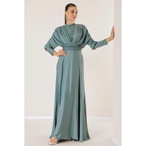 By Saygı Satin Long Dress with Gathered Sleeves, Button Detail, Lined and Beaded Front