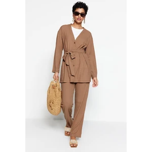 Trendyol Beige Belted Oversize Ribbed Knitted Tunic-Pants Set