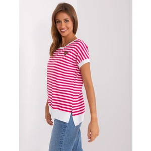 Fuchsia and white casual blouse with short sleeves