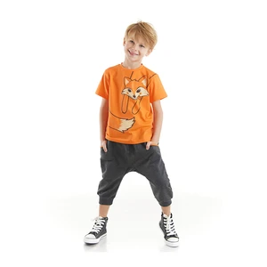 Denokids Orange Fox Boys Orange T-shirt Dark Gray Capri Shorts Set