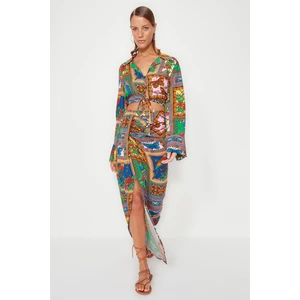 Trendyol Tropical Patterned Woven Slit Blouse and Skirt Set