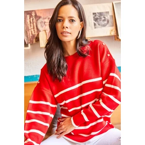 Olalook Women's Red Striped Knitwear Sweater with Button on the Shoulder