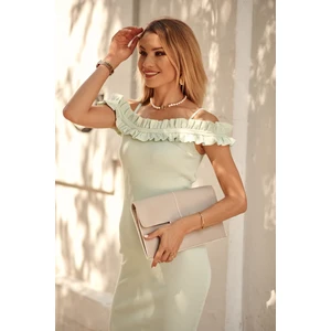 Waisted dress with frills on the neckline pistachio