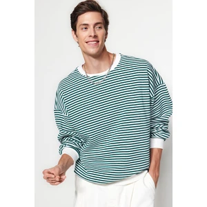 Trendyol Green Oversize/Wide-Fit Striped Fleece Cotton Sweatshirt