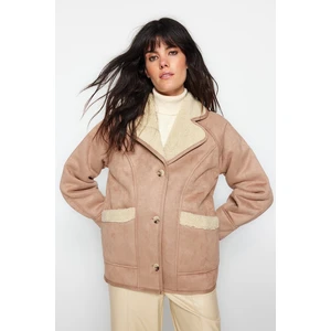 Trendyol Camel Premium Oversize Wide-Cut Suede Plush Detailed Coat