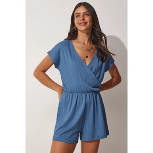 Happiness İstanbul Women's Indigo Blue Wrapped Collar Short Knitted Jumpsuit with Shorts