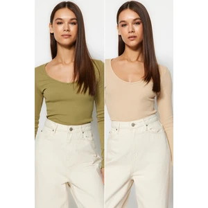 Trendyol Khaki-Beige 2-Pack V-Neck Fitted/Sleepy Cotton Knitted Blouse