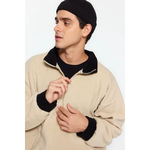 Trendyol Beige Men's Oversized Half-Zip Stand-Up Collar Color Block Fleece Sweatshirt.