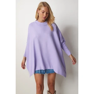 Happiness İstanbul Women's Lilac Side Slits Oversized Poncho Sweater