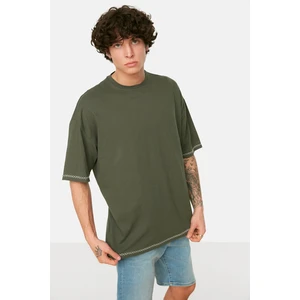 Trendyol Khaki Men's Oversize Fit 100% Cotton Crew Neck Short Sleeve Embroidered T-Shirt