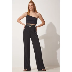 Happiness İstanbul Women's Black Flowy Aerobatic Palazzo Pants