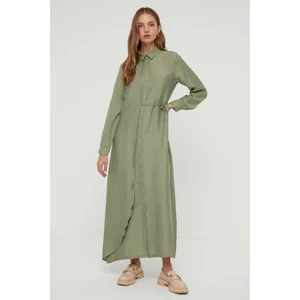 Trendyol Green Shirt Collar Side Tie Drawstring Detailed Woven Shirt Dress