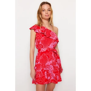 Trendyol Underwater Patterned Mini Woven Ruffle One-Shoulder Beach Dress