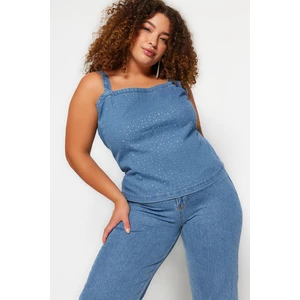 Trendyol Curve Blue Stone Detailed Crop Denim Blouse