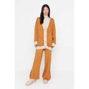 Trendyol Mustard Stripe Detailed Cardigan-Pants Knitwear Set