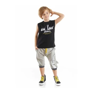 Denokids Shark Attack Boys Kids Sleeveless Black T-shirt Gray Capri Shorts Set