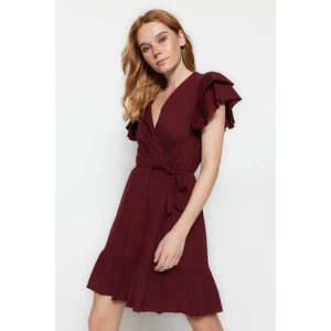 Trendyol Claret Red 100% Cotton Ruffle Detailed Double Breasted Mini Knitted Dress with Frill Detail on the Sleeves