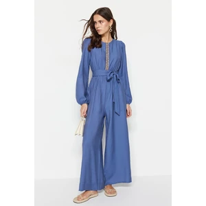 Trendyol Indigo Belted Woven Jumpsuit with Stripe Detail and Wide Leg