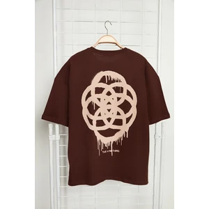 Trendyol Brown Men's Oversize/Wide-Cut Crew Neck Short Sleeve Geometric Print 100% Cotton T-shirt.