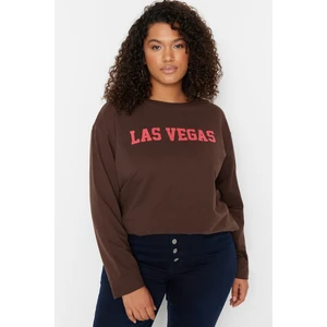 Trendyol Curve Brown Crew Neck Printed Thin, Knitted Sweatshirt