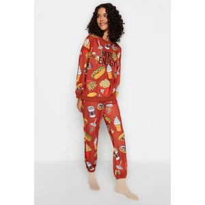 Trendyol Tile Motto Embroidered Patterned Sweatshirt-Jogger Knitted Pajamas Set