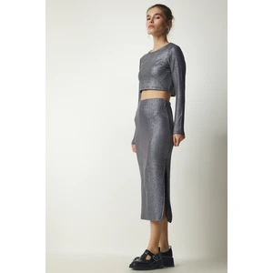 Happiness İstanbul Women's Gray Shimmer Corduroy Crop Skirt Set