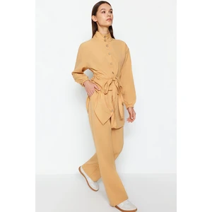 Trendyol Dark Beige High Neck Belted Shirt-Pants Woven Suit