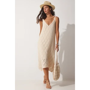 Happiness İstanbul Women's Cream Strap V-Neck Openwork Summer Knitwear Dress