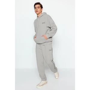 Trendyol Grey Oversize/Wide Cut Hooded Embroidered Inner Fleece/Warm Tracksuit