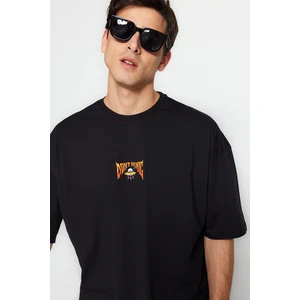 Trendyol Black Oversize/Wide Cut Space Printed 100% Cotton T-Shirt