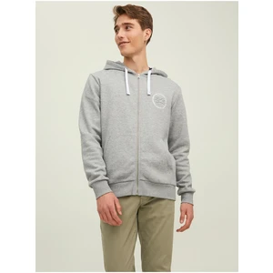 Light Grey Brindle Hoodie Zippered Jack & Jones Stamp - Mens