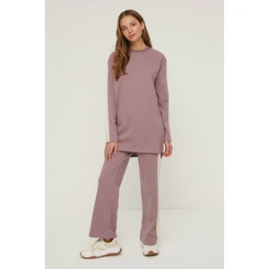 Trendyol Plum Stripe Detailed Side Slit Knitted Tracksuit Set