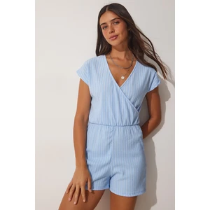 Happiness İstanbul Women's Sky Blue Knitted Jumpsuit with Wrapover Collar