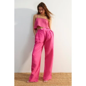 Trendyol Pink 100% Linen Pleated High Waist Wide Leg Trousers