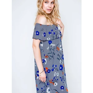 Dress with a carmen neckline decorated with a print in flowers and butterflies navy blue