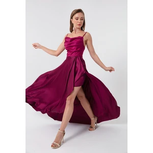 Lafaba Women's Plum Evening Dress with a Slit Satin Evening &; Prom Dress.