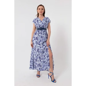 Lafaba Women's Blue Double-breasted Patterned Long Dress