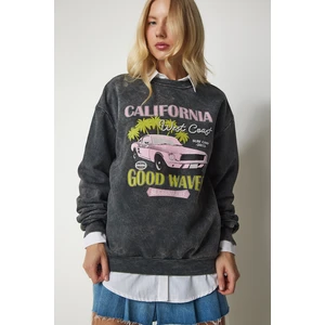 Happiness İstanbul Women's Anthracite Printed Oversized Shark Sweatshirt