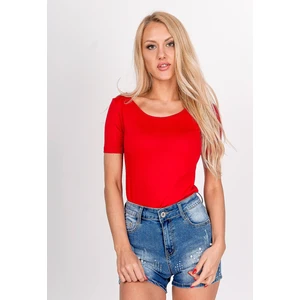 Monochrome women's T-shirt with a neckline on the back - red,