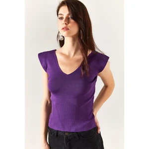 Olalook Women's Purple Shoulder And Skirt Detailed Front Back V Knitwear Blouse