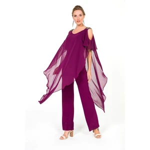 By Saygı Stony Shoulders Chiffon Lycra Jumpsuit Plum