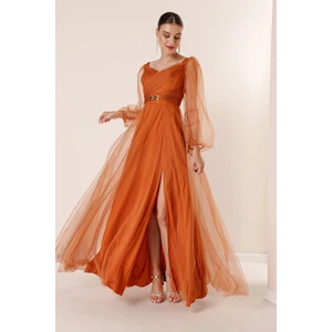 By Saygı Front Back V-Neck Waist Stony Draped Lined Long Tulle Dress