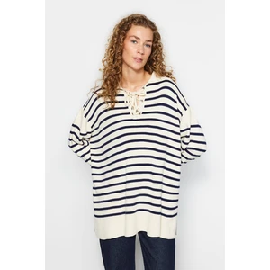 Trendyol Beige Comfortable Fit Striped Knitwear Sweater