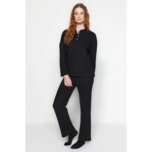 Trendyol Black Cotton Button Detailed Textured Knitted Pajamas Set