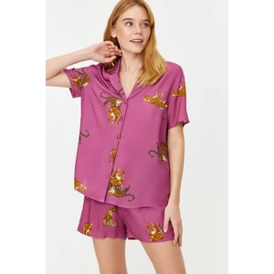 Trendyol Dark Rose Tiger Patterned Viscose Shirt-Shorts Woven Pajama Set