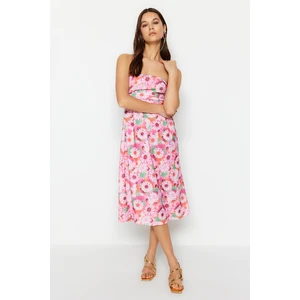 Trendyol Pink Floral Strapless Belted Crepe Midi Knitted Dress