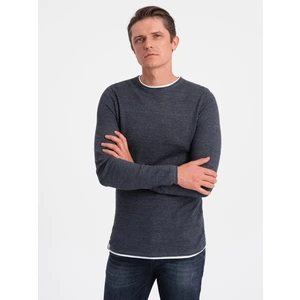 Ombre Men's cotton sweater with round neckline - navy blue melange